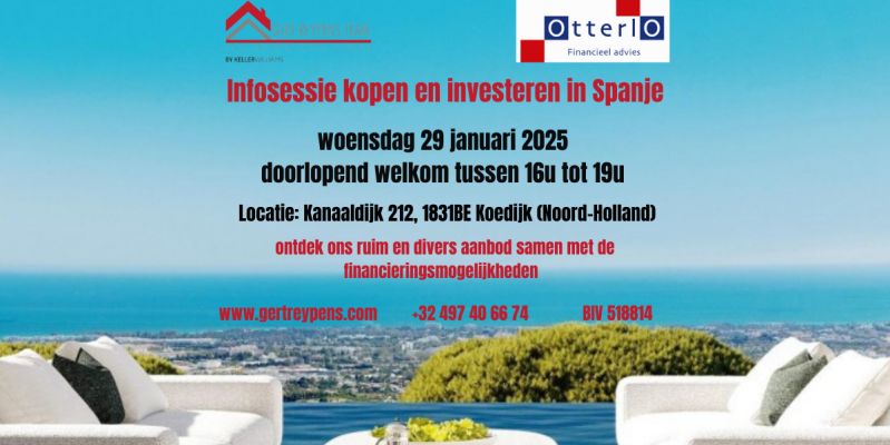 Infosessie in Noord-Holland (Koedijk) op woensdag 29/1/2025 over kopen en investeren in Spanje.