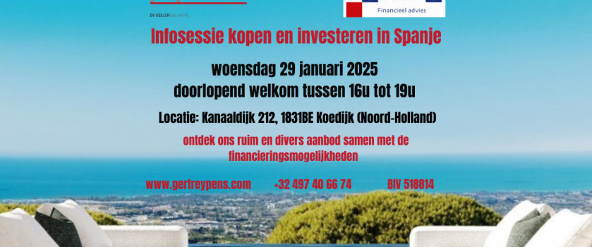 Infosessie in Noord-Holland (Koedijk) op woensdag 29/1/2025 over kopen en investeren in Spanje.