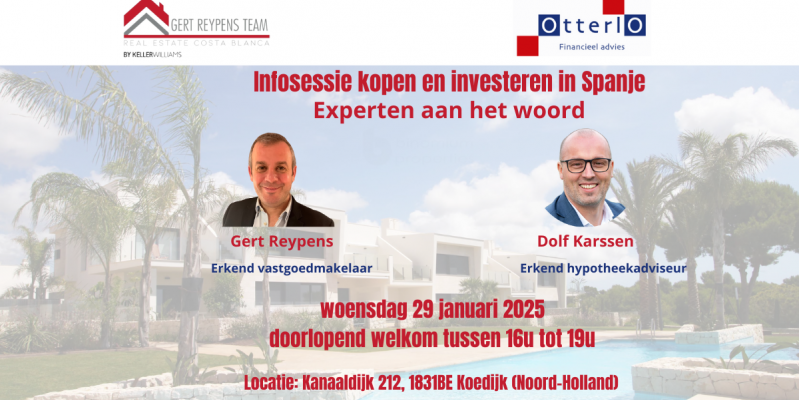 Infosessie in Noord-Holland, Koedijk, op woensdag 29/1/2025 over kopen en investeren in Spanje.